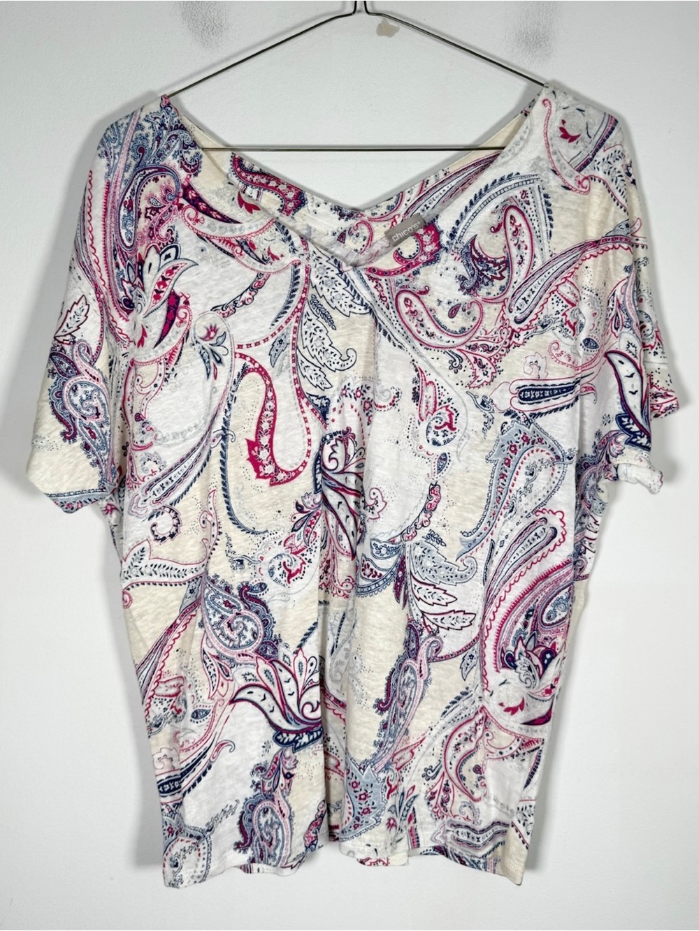 Chico's Women’s Size 2 (Large) 100% Linen Knit Paisley Pattern V-Neck Top